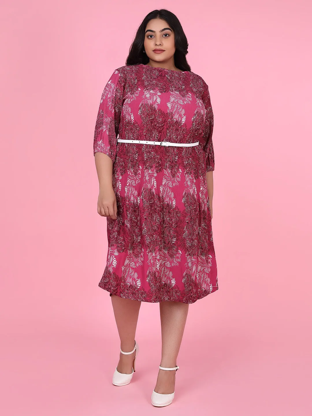 Women Abstract Pink A Line Dress with Belt