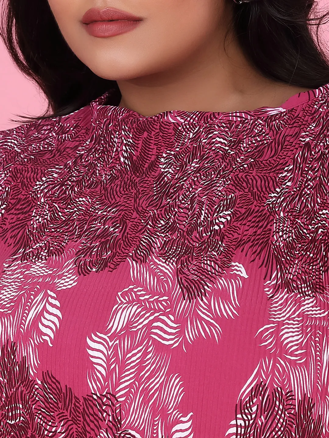 Women Abstract Pink A Line Dress with Belt