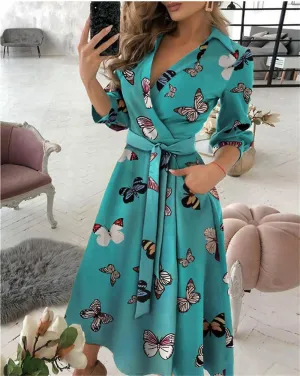 Women Fashion Floral Print Long Sleeve V-neck Casual Sundress Dress L S4207688