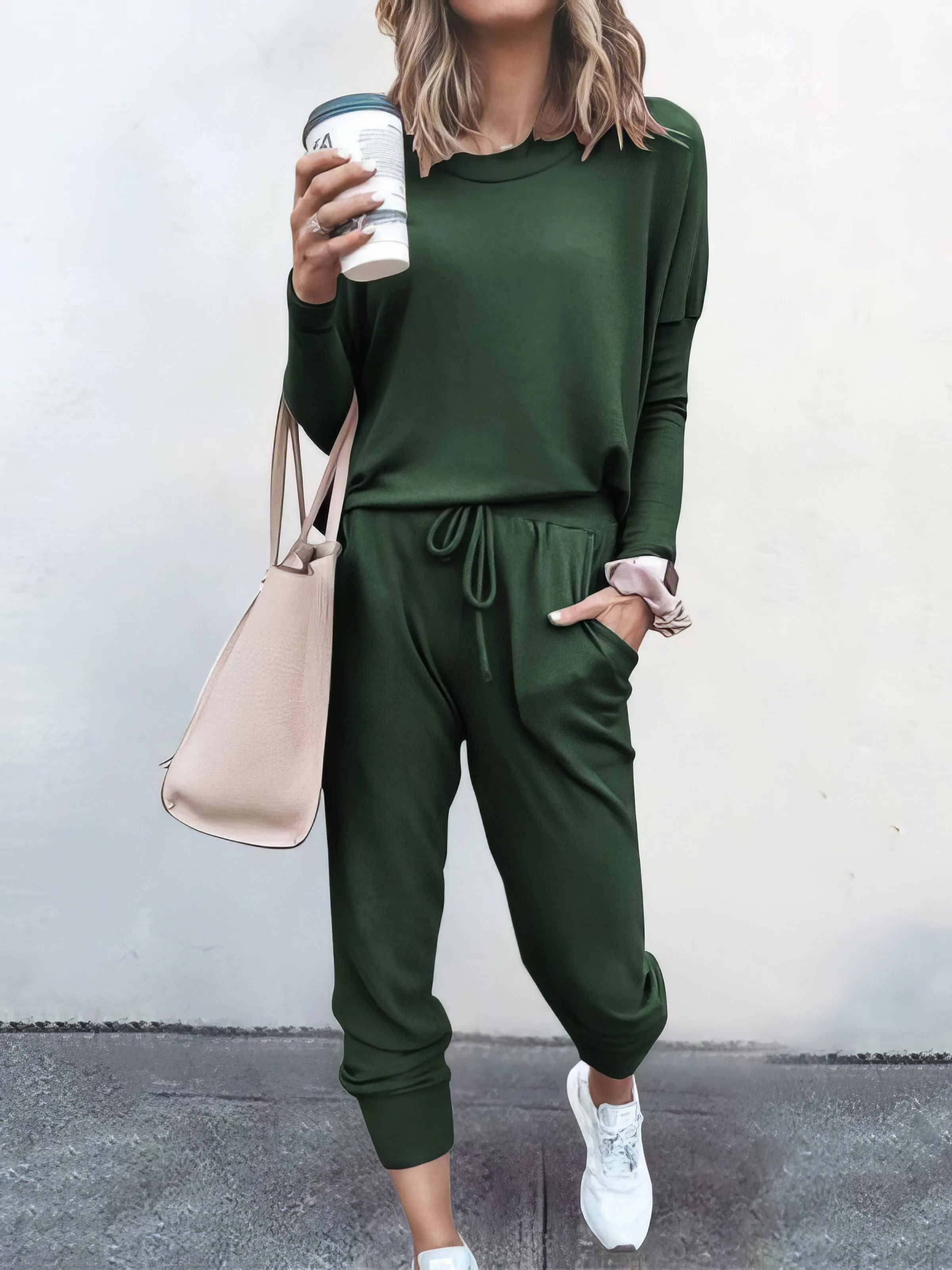 Women Solid Color Long Sleeve Long Pants Pajamas Set for Women