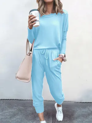 Women Solid Color Long Sleeve Long Pants Pajamas Set for Women