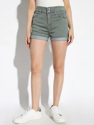 Women Solid Green Denim Shorts