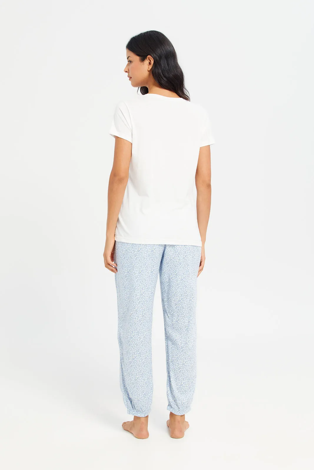 Women White And Blue T-Shirt And Pants Pyjama Set (2 Piece)