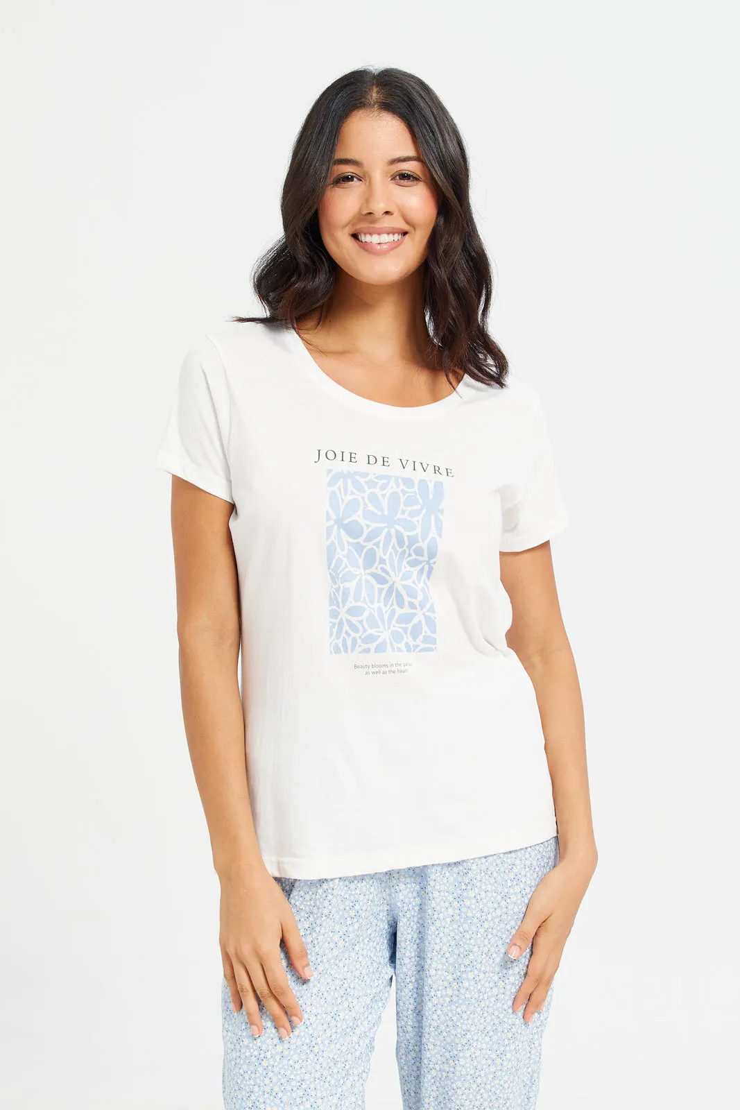 Women White And Blue T-Shirt And Pants Pyjama Set (2 Piece)