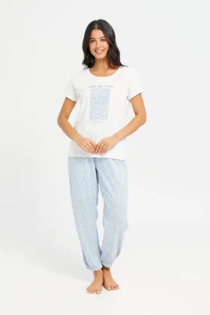 Women White And Blue T-Shirt And Pants Pyjama Set (2 Piece)