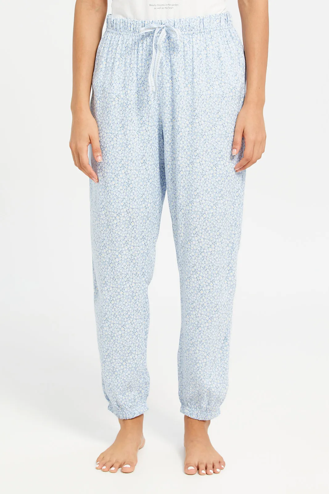 Women White And Blue T-Shirt And Pants Pyjama Set (2 Piece)